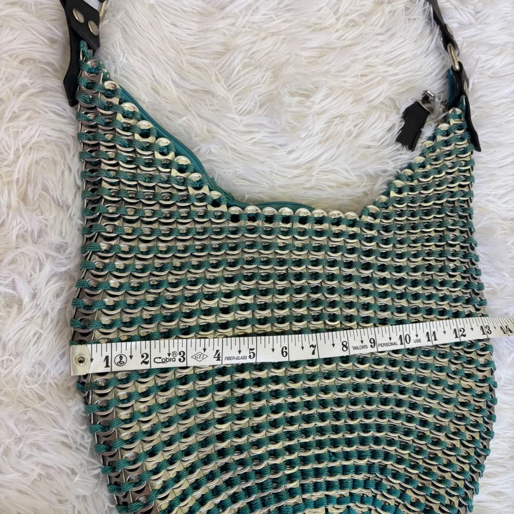 Escama Studio Soda Pop Tab Shoulder Bag Teal Crochet Chainmail Hobo Purse Silver